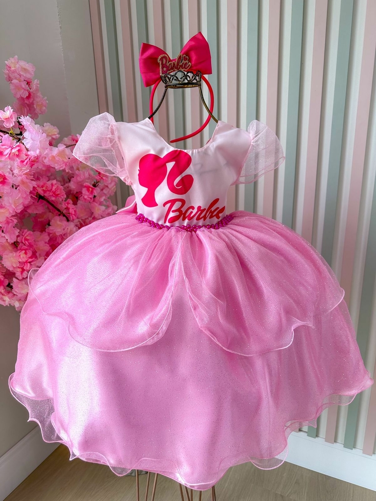 Vestido Infantil Barbie Luxo Rosa Com Cinto de Pérolas - Roupa