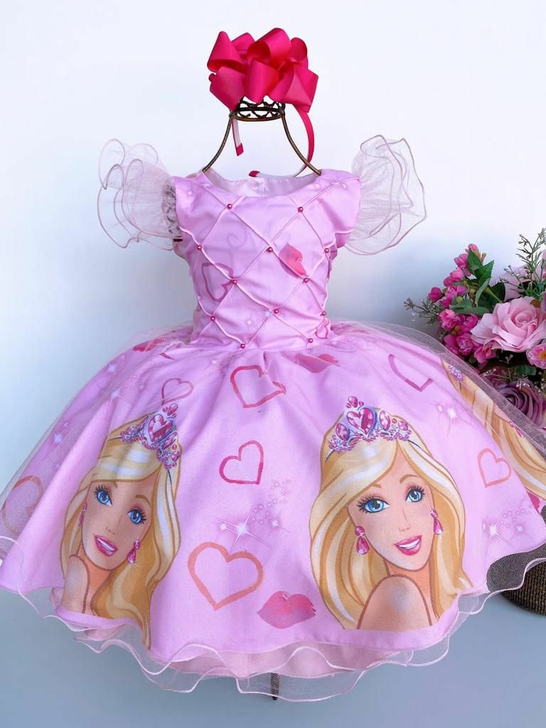 Vestido infantil Barbie Pink Babados Glitter Brilho luxo