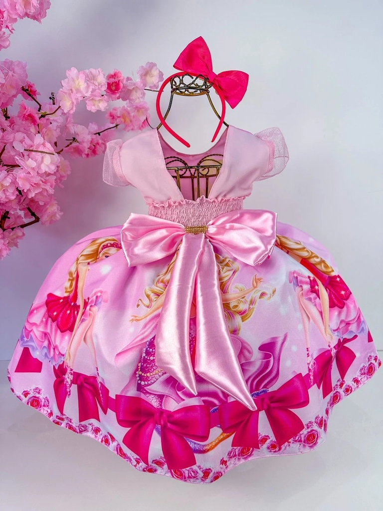 Vestido Barbie Girls Pink Luxo Laço No Ombro Menina Infantil