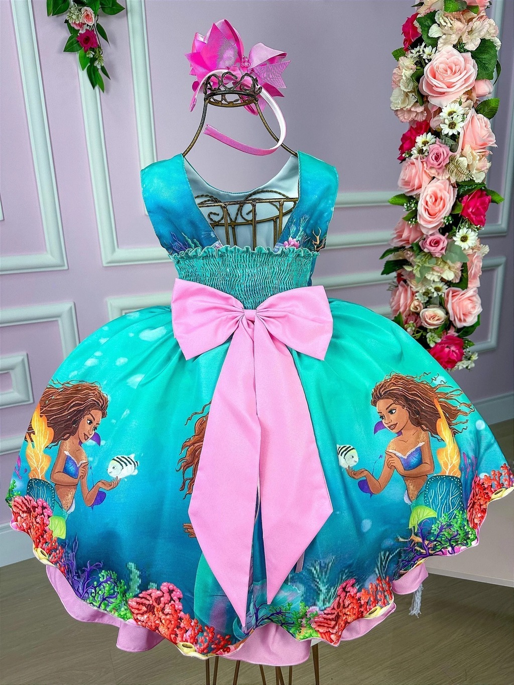 Vestido De Festa Luxo Infantil Ariel Pequena Sereia C/Tiara (1