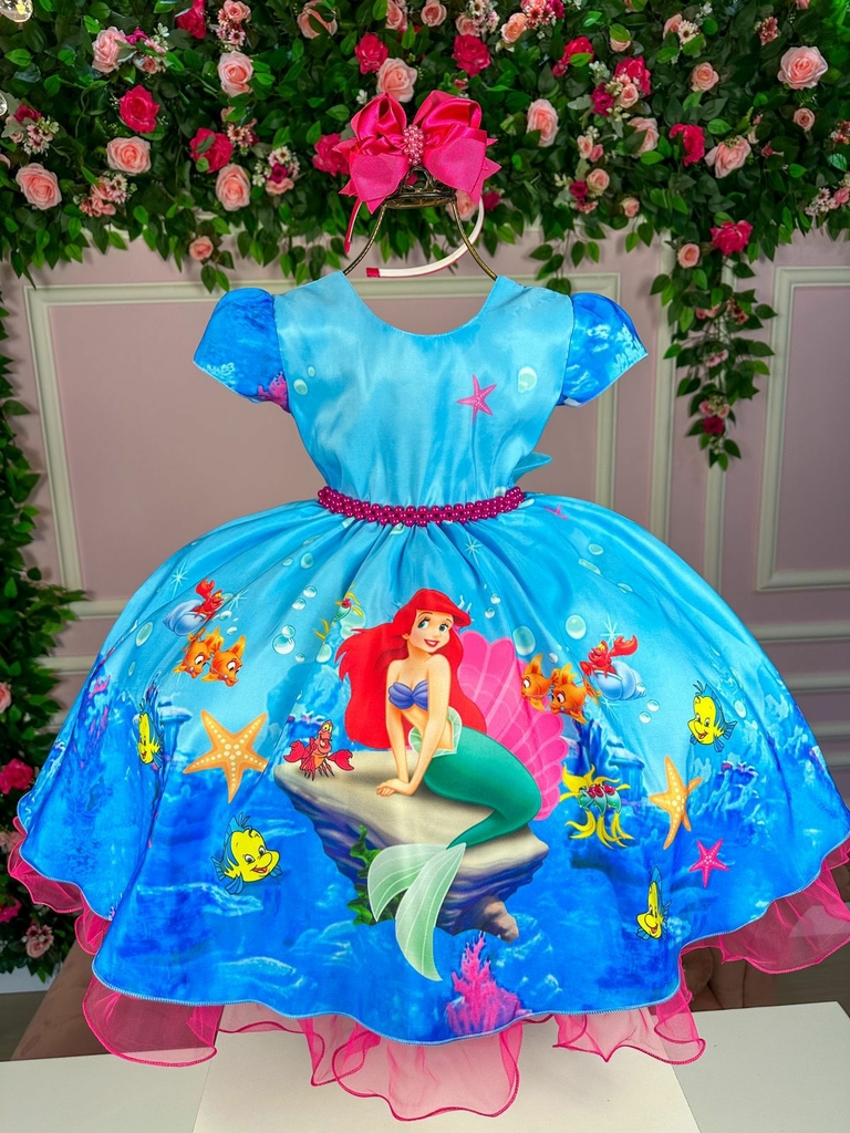 Vestido De Festa Luxo Infantil Ariel Pequena Sereia C/Tiara (1