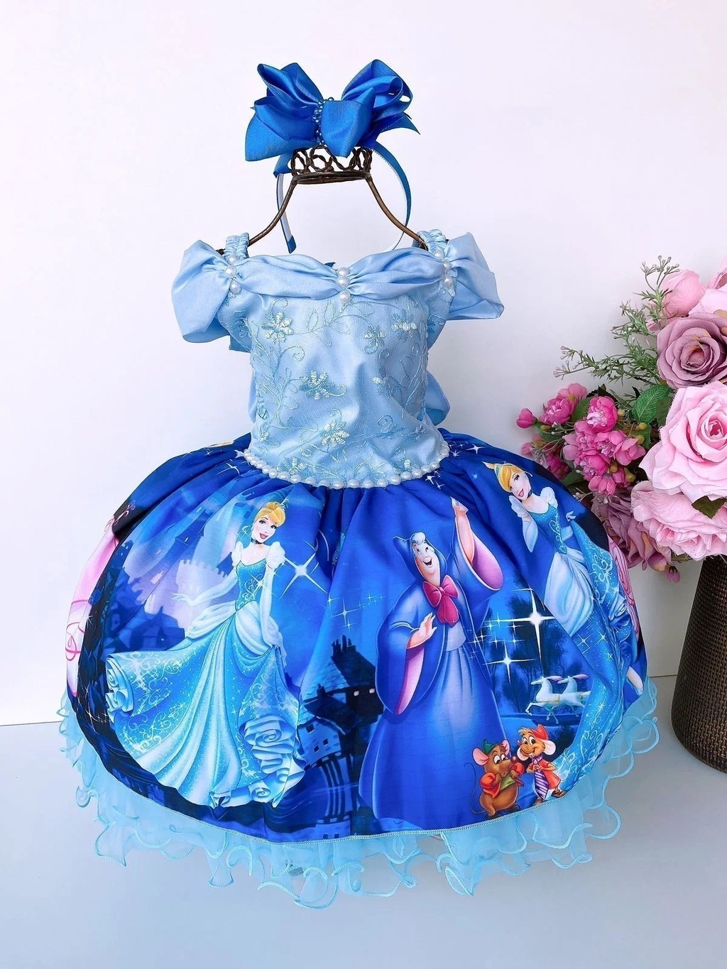 Vestido Infantil de Festa Azul Princesa Cinderela