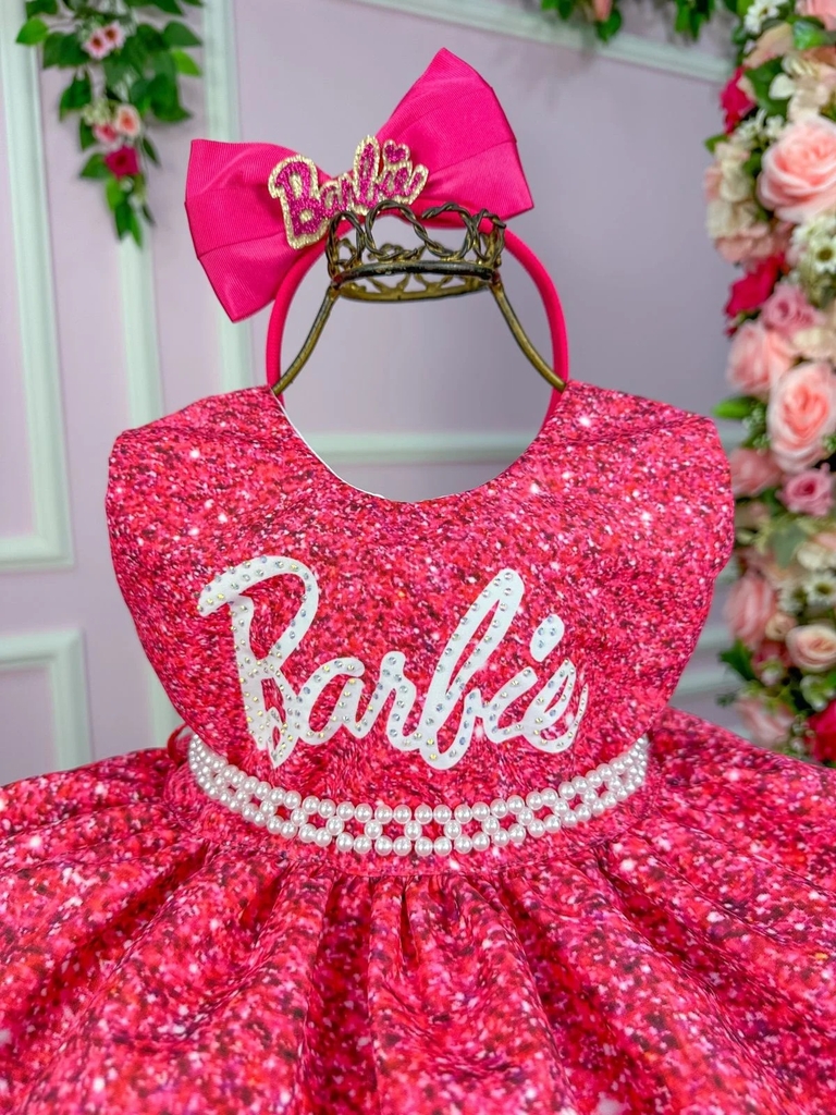 VESTIDO INFANTIL PRINCESA FESTA DA BARBIE PINK PEITO GLITTER