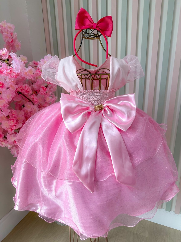 Vestido Infantil Barbie Saia Rosa de Tule Com Glitter