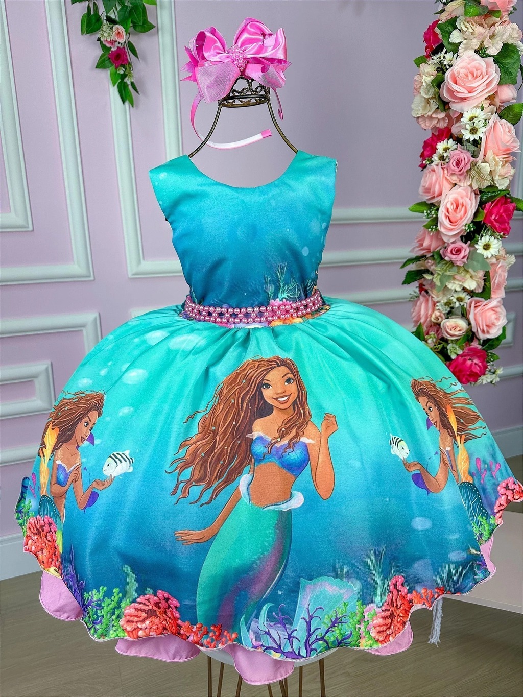 Vestido De Festa Luxo Infantil Ariel Pequena Sereia C/Tiara (1