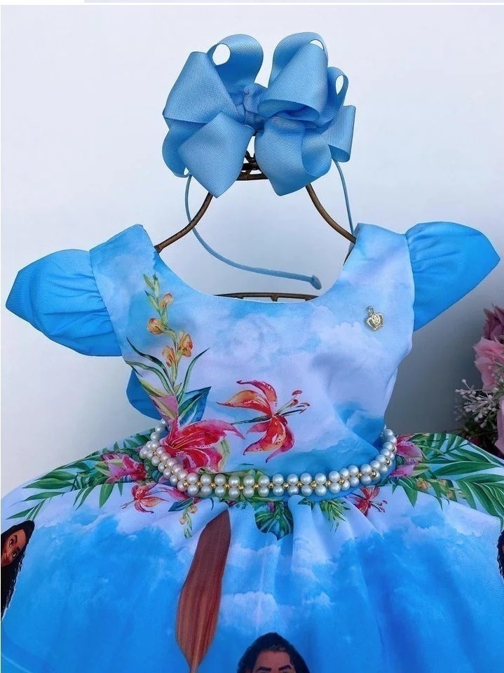 Vestido De Luxo Temático Infantil Moana Azul