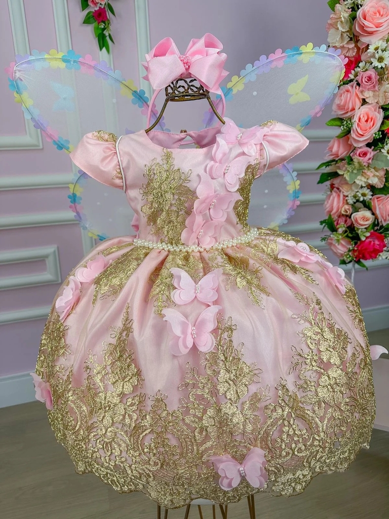 Vestido Infantil Rosa Dourado Realeza Princesa