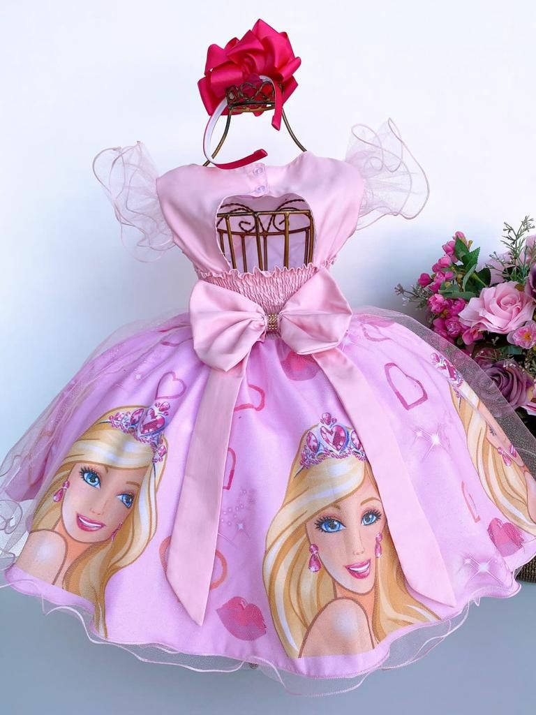 Vestido Infantil Princesa Barbie Com Laço e Glitter - Rosa