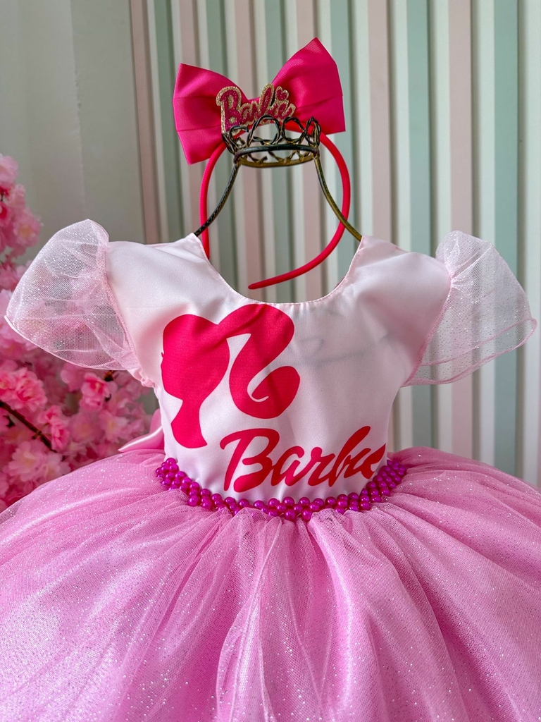 Vestido Infantil Princesa Barbie Com Laço e Glitter - Rosa