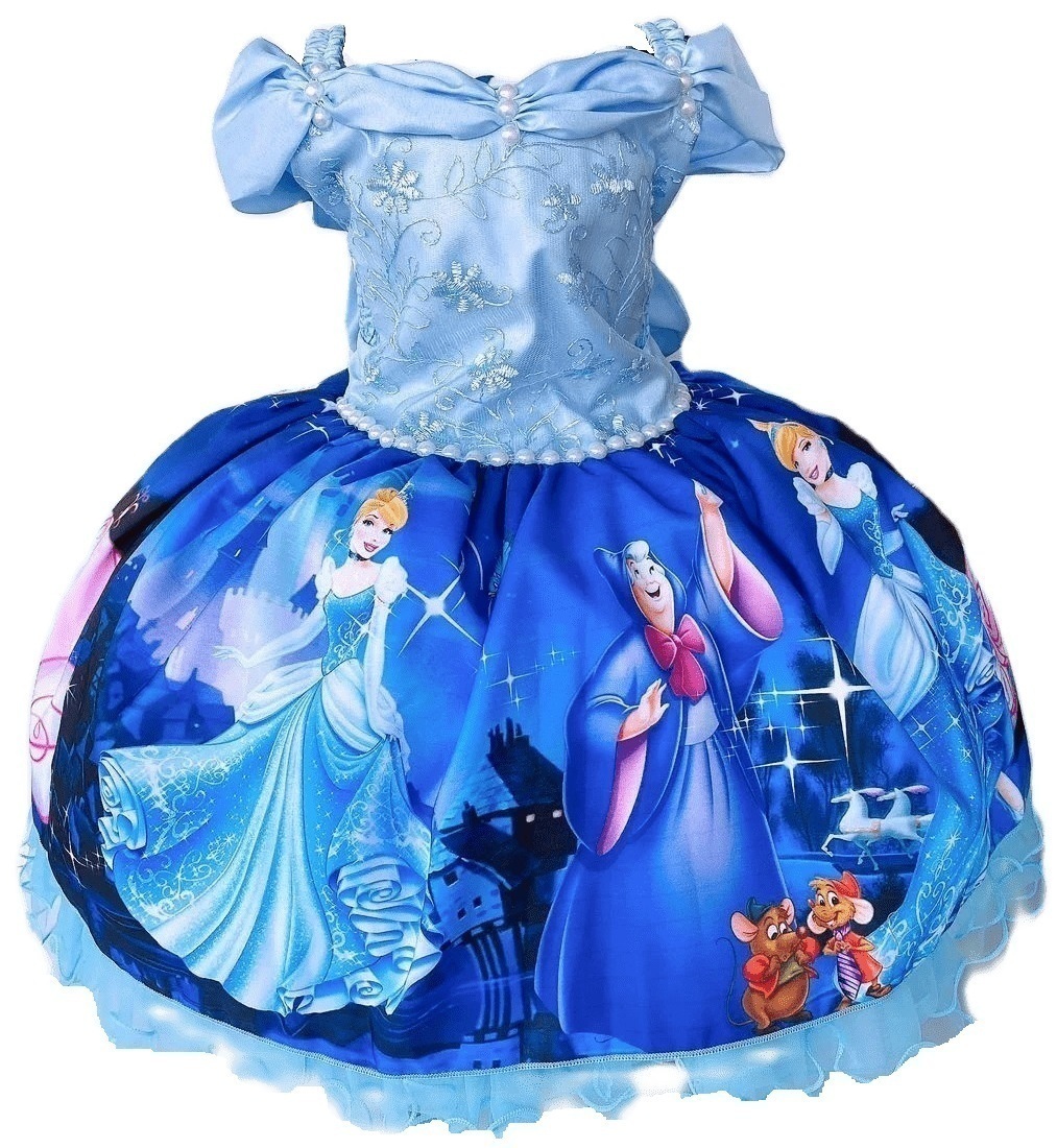 Vestido Infantil Azul Luxo Princesa Cinderela