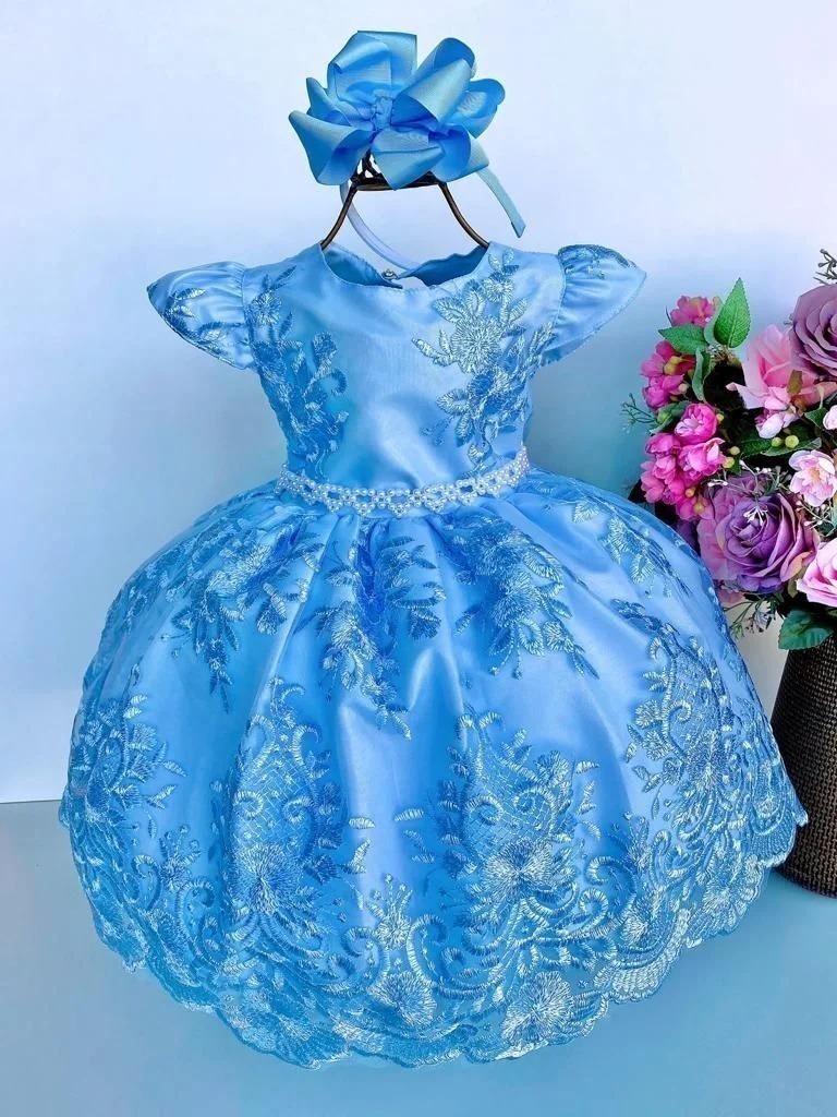 Vestido Infantil Princesa Cinderela Azul C/ Renda Luxo Festa