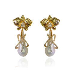 Brinco Orquídea Gota Pérola Barroca Banho Ouro - comprar online