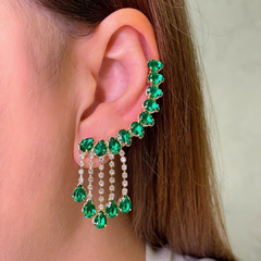 Brinco Ear Cuff Gotas Verdes Franjas Banho Ouro na internet