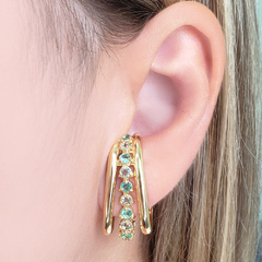 Brinco Ear Hook Trio Elos Meio Azuis Banho Ouro