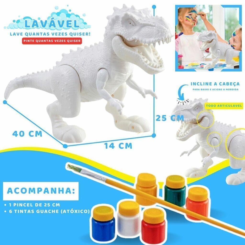 Brinquedo Boneco Dinossauro Colorir C/6 Tinta Átoxico Pincel
