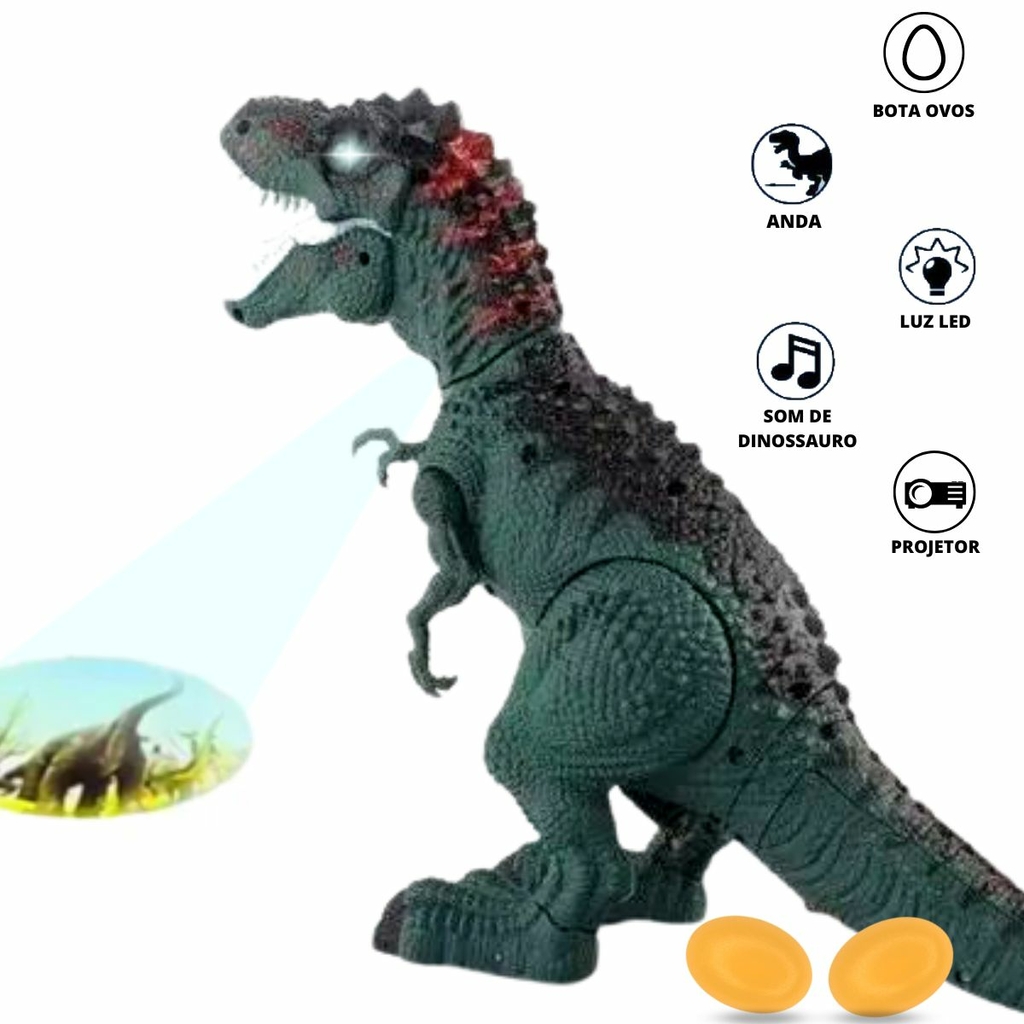Dinossauro com som, luz, projeção e bota ovo