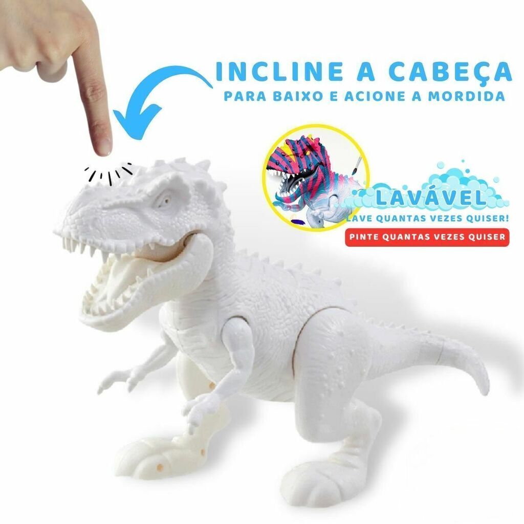 Brinquedo Dinossauro Rex Attack Branco Para Colorir + Pincel + 6 Tintas