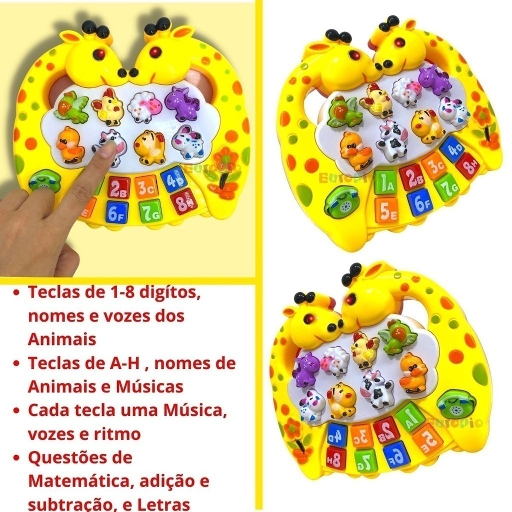 TECLADO PIANO GIRAFA MUSICAL INFANTIL SOM DE ANIMAIS 24 TECLAS