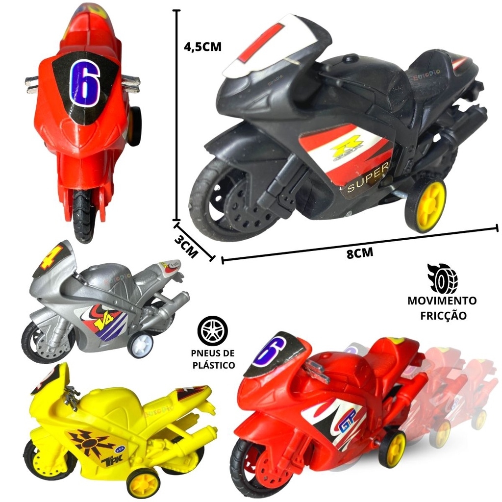 Kit / conjunto com 4 motos de brinquedo infantil de plástico com motor à  fricção pull back para crianças moto de brinquedo vermelha amarelo preta ou  cinza