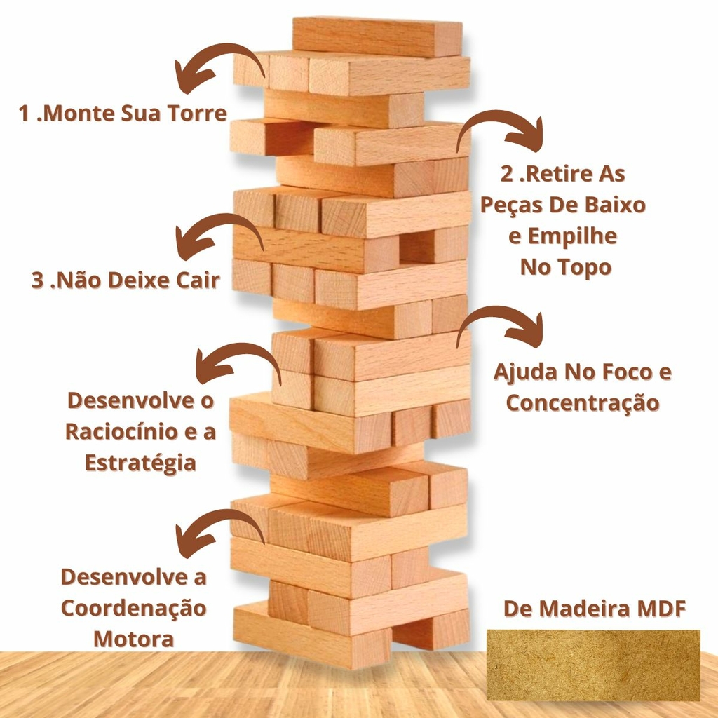 Jogo Torre de Equilibrio Caiu Perdeu blocos de montar 54 peças