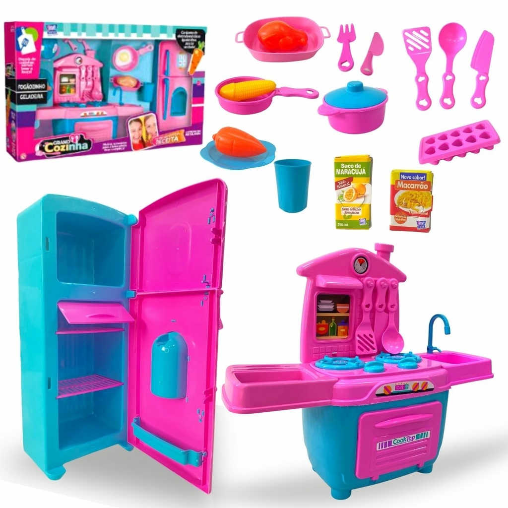 Kit Cozinha Da Barbie Completa Menina 4 Partes Geladeira Top