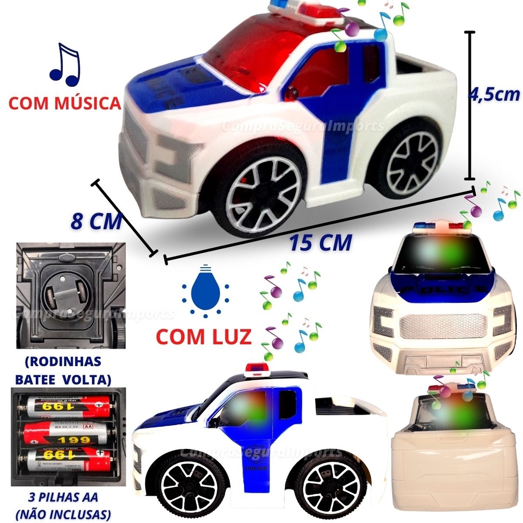 Carro Polícia Policial Bate e Volta com Som e Luz 3D Pilha 