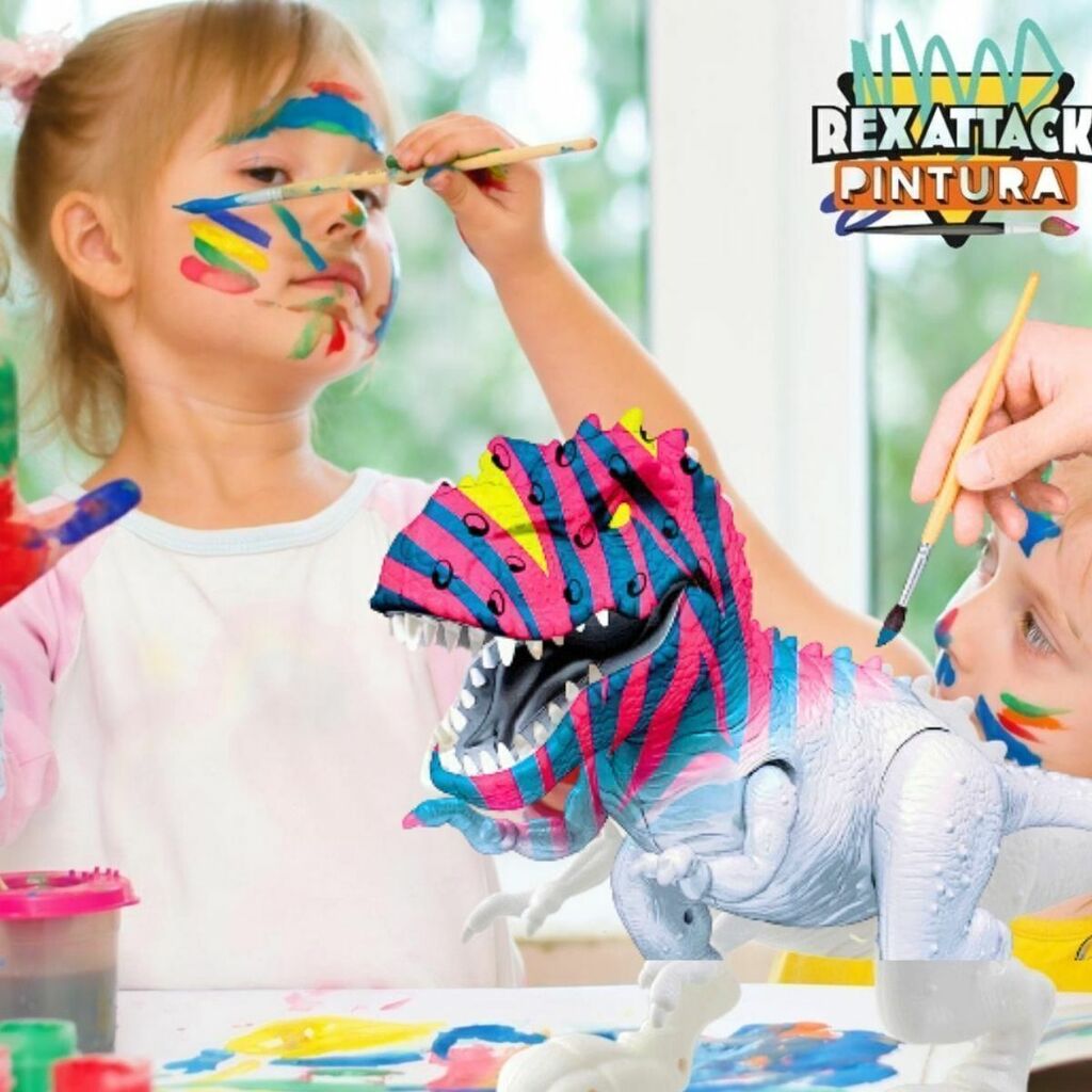 Brinquedo Dinossauro Rex Attack Branco Para Colorir + Pincel + 6 Tintas