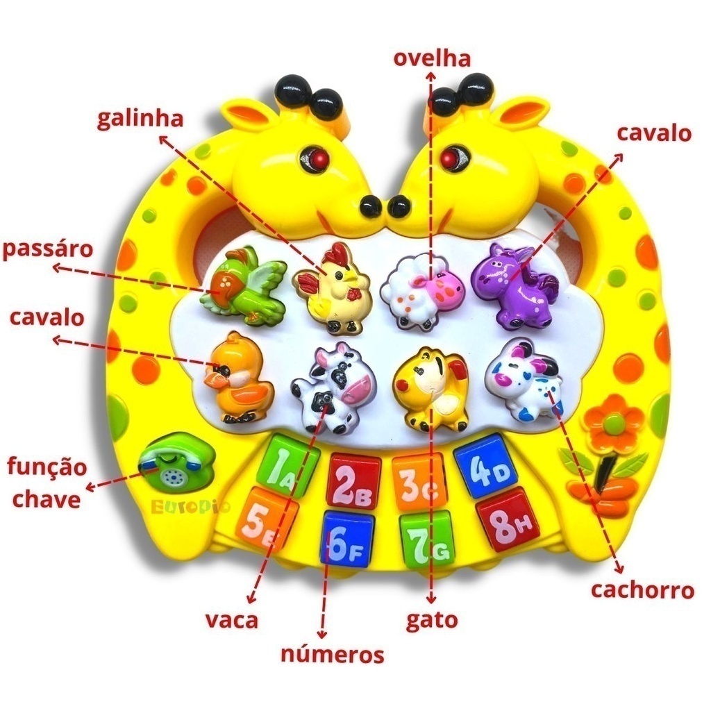 TECLADO PIANO GIRAFA MUSICAL INFANTIL SOM DE ANIMAIS 24 TECLAS