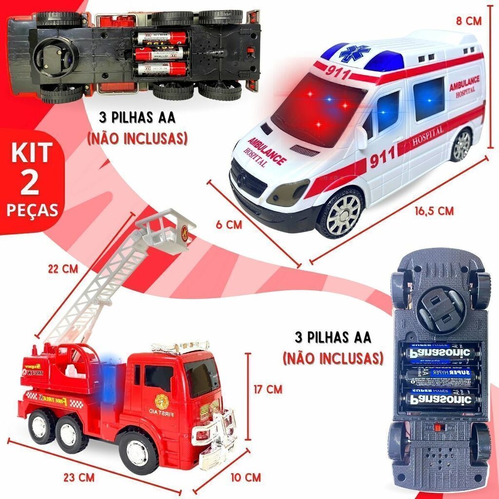 KIt Caminhão bombeiro e ambulância de brinquedo infantil carrinho