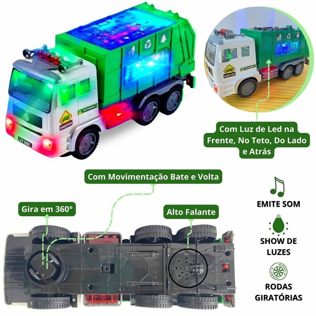 Brinquedo Infantil Caminhão Coletor De Lixo Som E Luzes 4d na