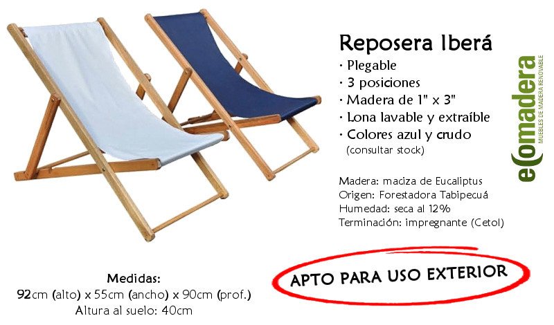 Reposera plegable de 3 posiciones madera de eucaliptus y lona Iberá