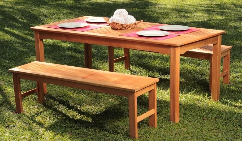 Mesa de madera con 2 bancos Ecomadera apto para exteriores