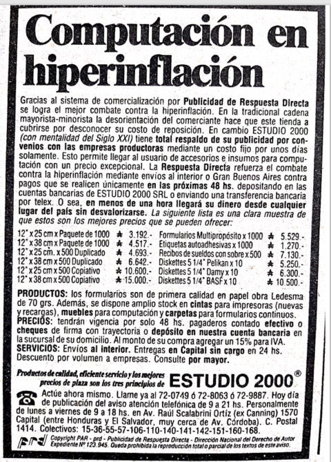 Computación en hiperinflación - Todos los servicios para que la gente pueda comprar desde todo el país o Buenos Aires sin que los comerciantes locales se cubran de la hiperinflacón - El Cronista - 1989 - comprar online
