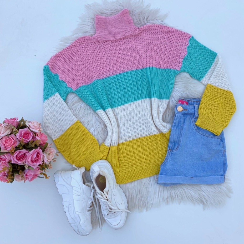 blusa tricot gola alta colorida