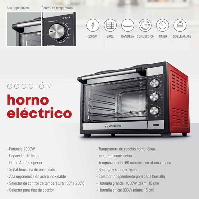 Horno eléctrico Ultracomb doble anafe 70 L 2000W UC-70ACN