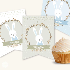 Kit imprimible conejo celeste rabbit primer año bautismo candy bar en internet