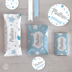 kit imprimible estrellas, celestes, gris, textura, trama estrellas, estrellitas, banderin, cartel, bolsitas, diseño con estrellas