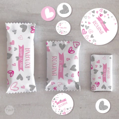 kit imprimible corazones rosa fuxia glitter plata, heart party bundle, cumpleaños corazones