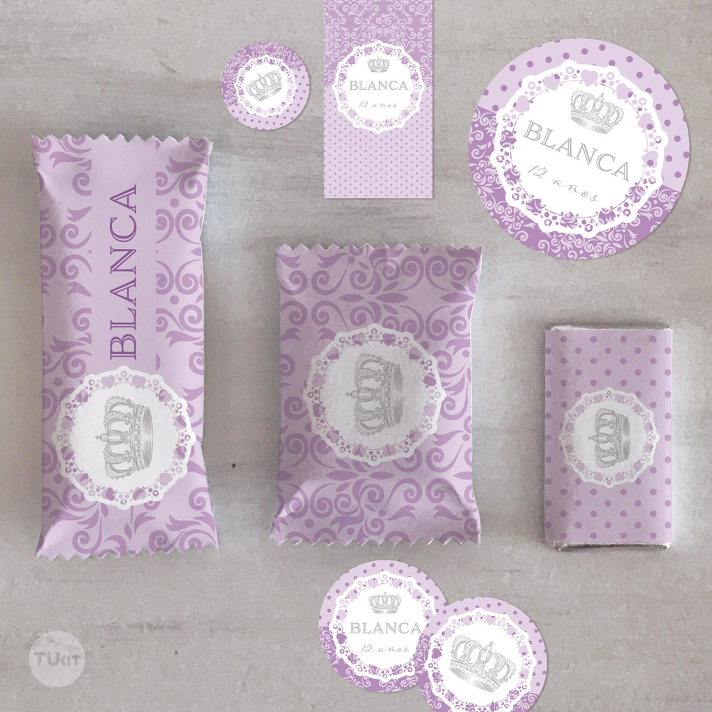 Kit imprimible coronita reina plata lavanda lila casamientos 15 años