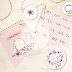 Kit imprimible conejo flor rosa nacimiento bautismo baby shower tukit - comprar online