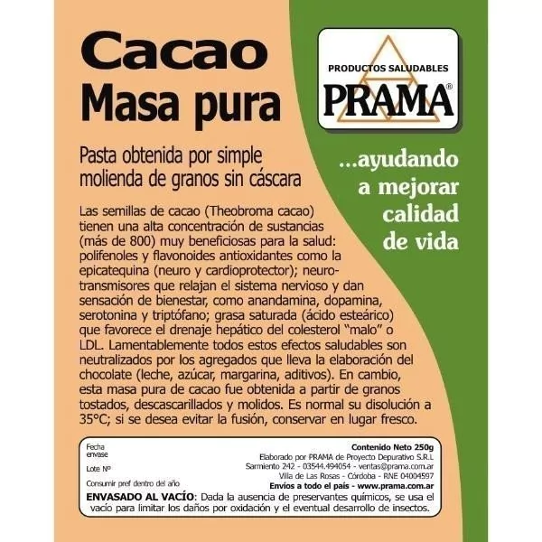 Cacao masa pura x 250 gs Prama