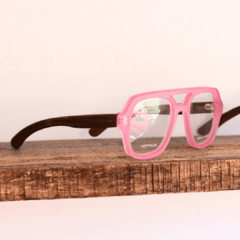 anteojos de madera (patillas) y acetato color rosa brillante traslucido (frente) estilo aviador modelo Barker Lite marca Nomade vista perfil derecho