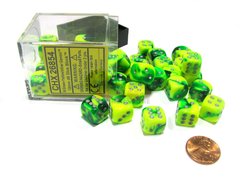 Bloque de 36 D6 Chessex Gemini Green-Yellow/silver 12mm