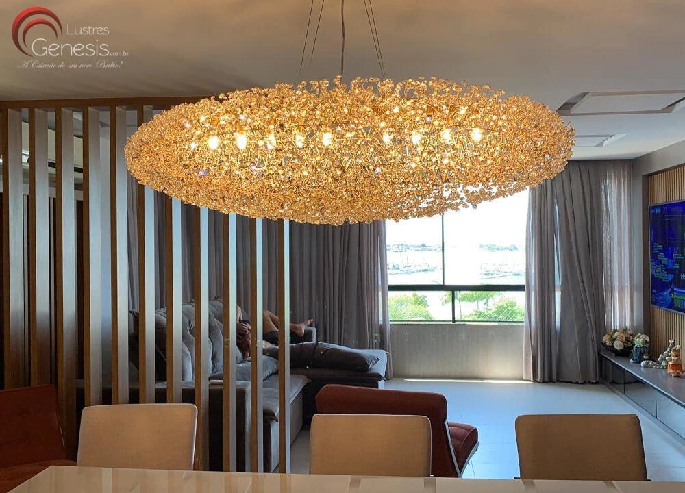 Lustre Pendente de Cristal Zeppelin Base Dourada - Cristais Transparente -  120x40x40 - Para Salas de Jantar e Sala de Estar.