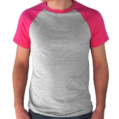 Camiseta Raglan Cinza Mescla Com a Manga Rosa Pink