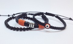 Kit 3 pulseiras masculinas couro ônix e olho grego na internet