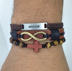Kit 3 pulseiras masculina couro infinito dream cruz na internet