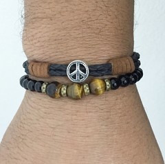 Kit 2 pulseiras masculinas couro onix simbolo da paz
