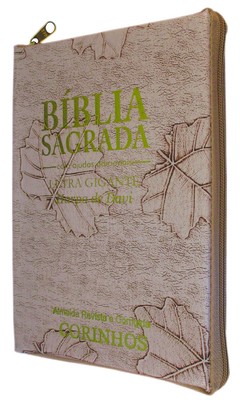 Bíblia letra gigante com harpa - capa com zíper marfim folha
