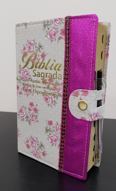 Bíblia letra hipergigante com harpa + caneta - capa romantic bege